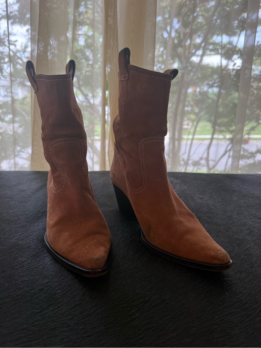 STAUD Brown Suede Pointed Western Ankle Boots